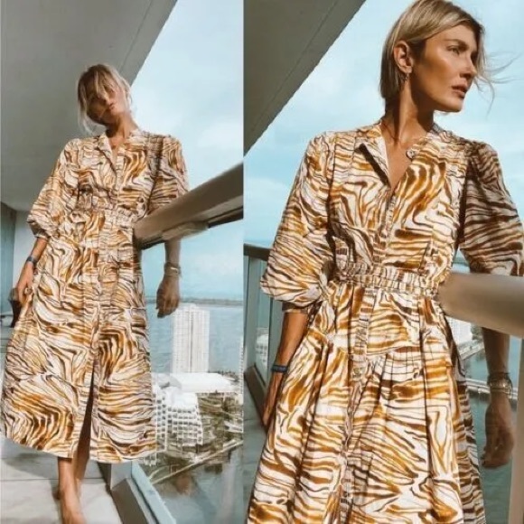 Anthropologie Dresses & Skirts - Anthropologie Swirl Motif Puff-Sleeved Belted Midi Dress